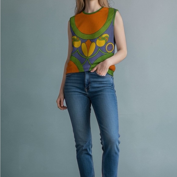 Vintage Lady Van Heusen Colorblock 70’s Sleeveless Floral Mod Mid So Cool - Picture 3 of 15